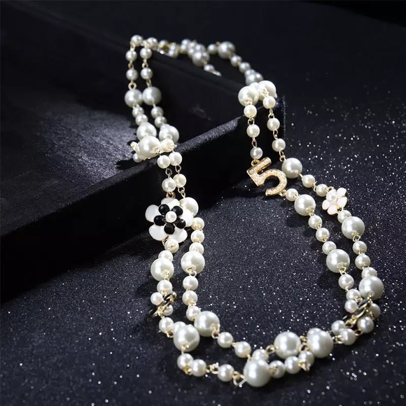 Pearl Camellia Number5 Flower Double Wrap Long Necklace - Picture 1 of 16
